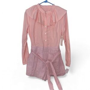 Brand New long-sleeved romper with ruffled collar, gingham patterned shorts